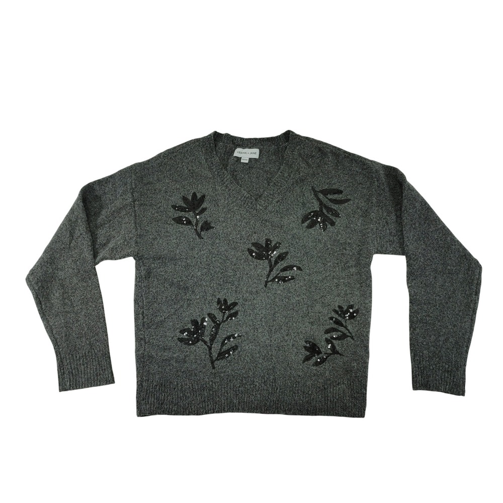 Gemma + Jane Gray Sequin Floral V-Neck Knit Sweater Womens Size XS NWOT